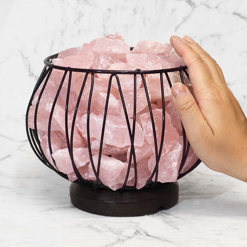 Gorgeous Large Rough Rose Quartz LED Lamp In Black Wire Basket 4.5KG 18cm
