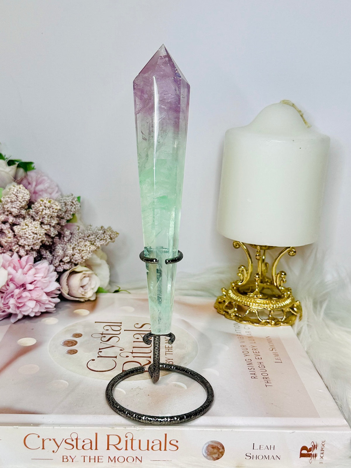 Watermelon Fluorite Wand | Tower with Rainbows on Stand 20cm