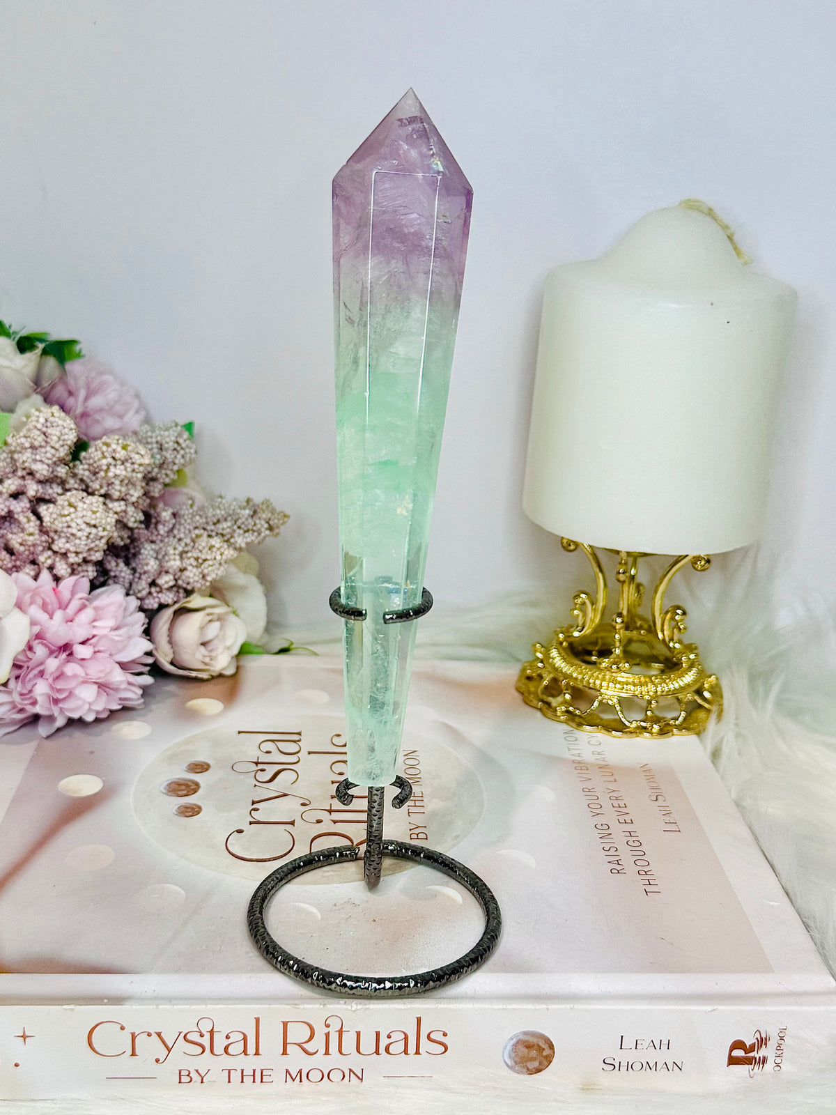 Watermelon Fluorite Wand | Tower with Rainbows on Stand 20cm