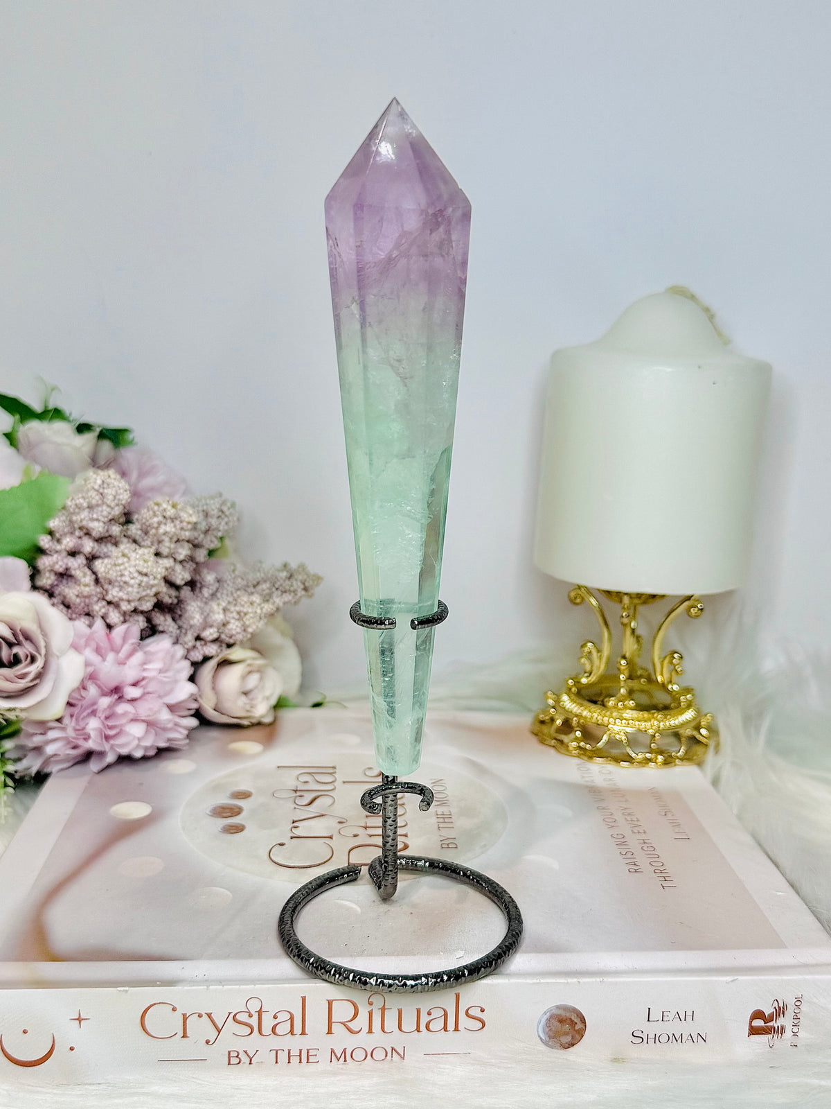 Watermelon Fluorite Wand | Tower with Rainbows on Stand 20cm