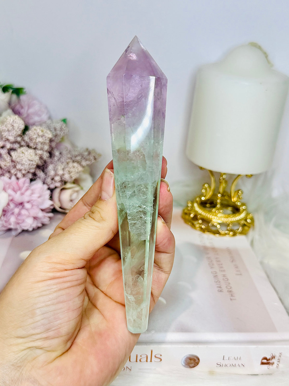 Watermelon Fluorite Wand | Tower with Rainbows on Stand 20cm