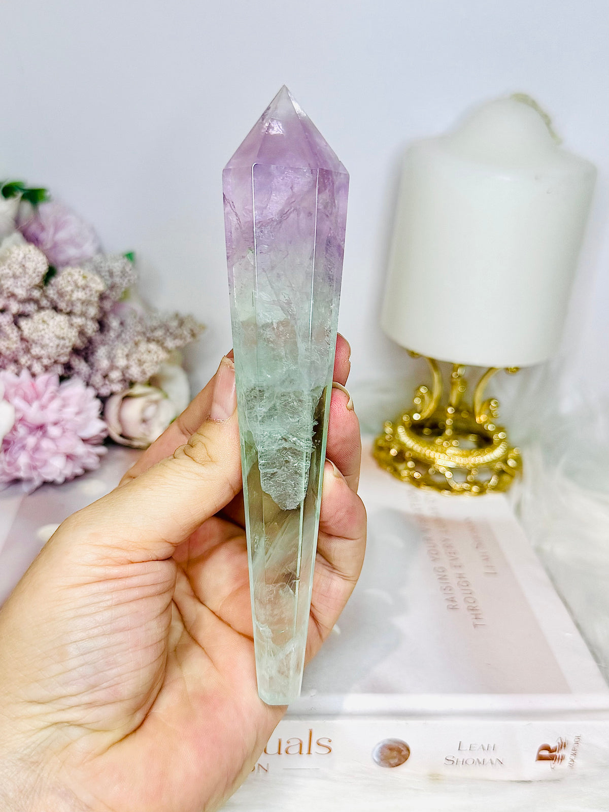 Watermelon Fluorite Wand | Tower with Rainbows on Stand 20cm
