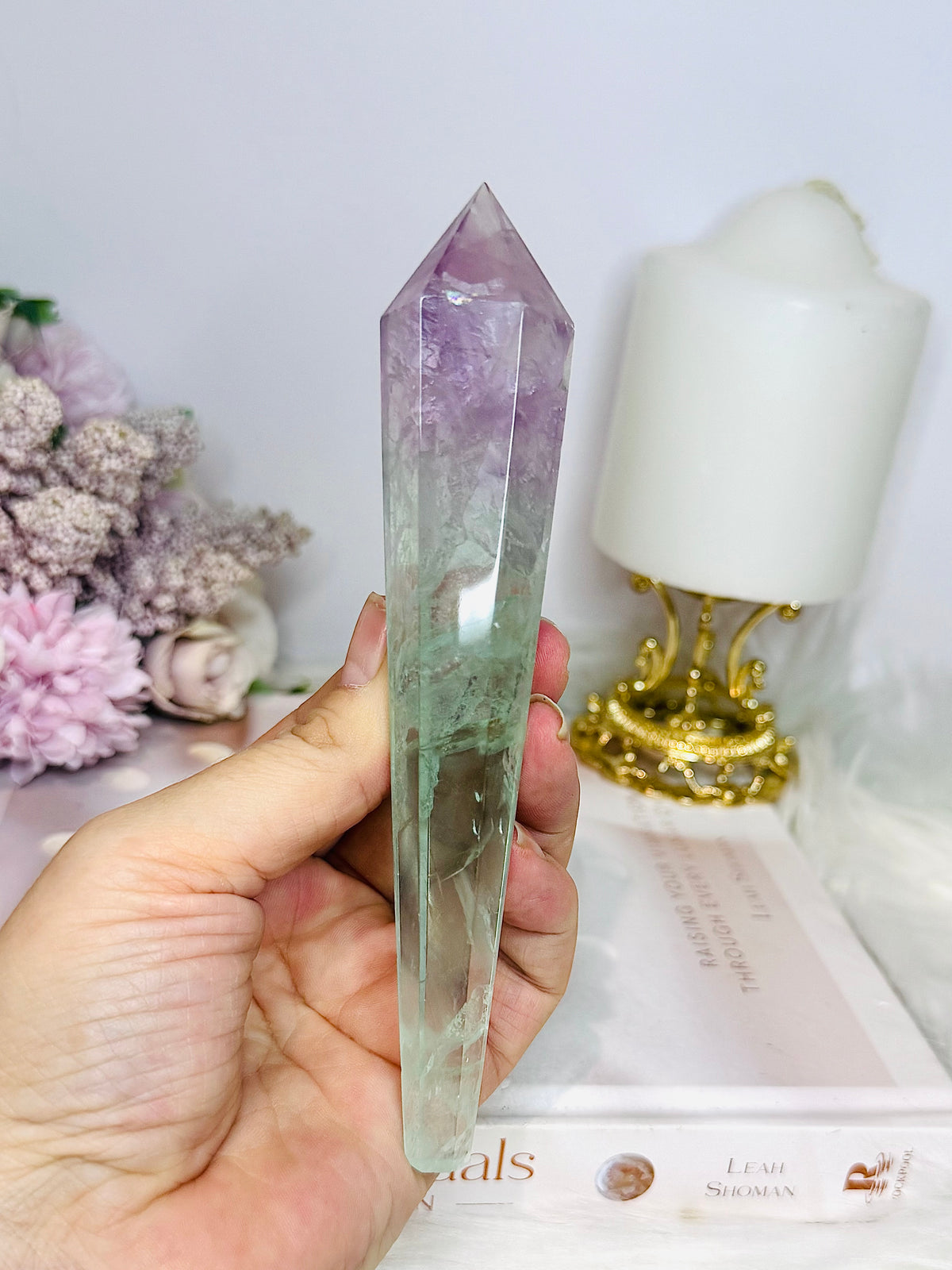 Watermelon Fluorite Wand | Tower with Rainbows on Stand 20cm
