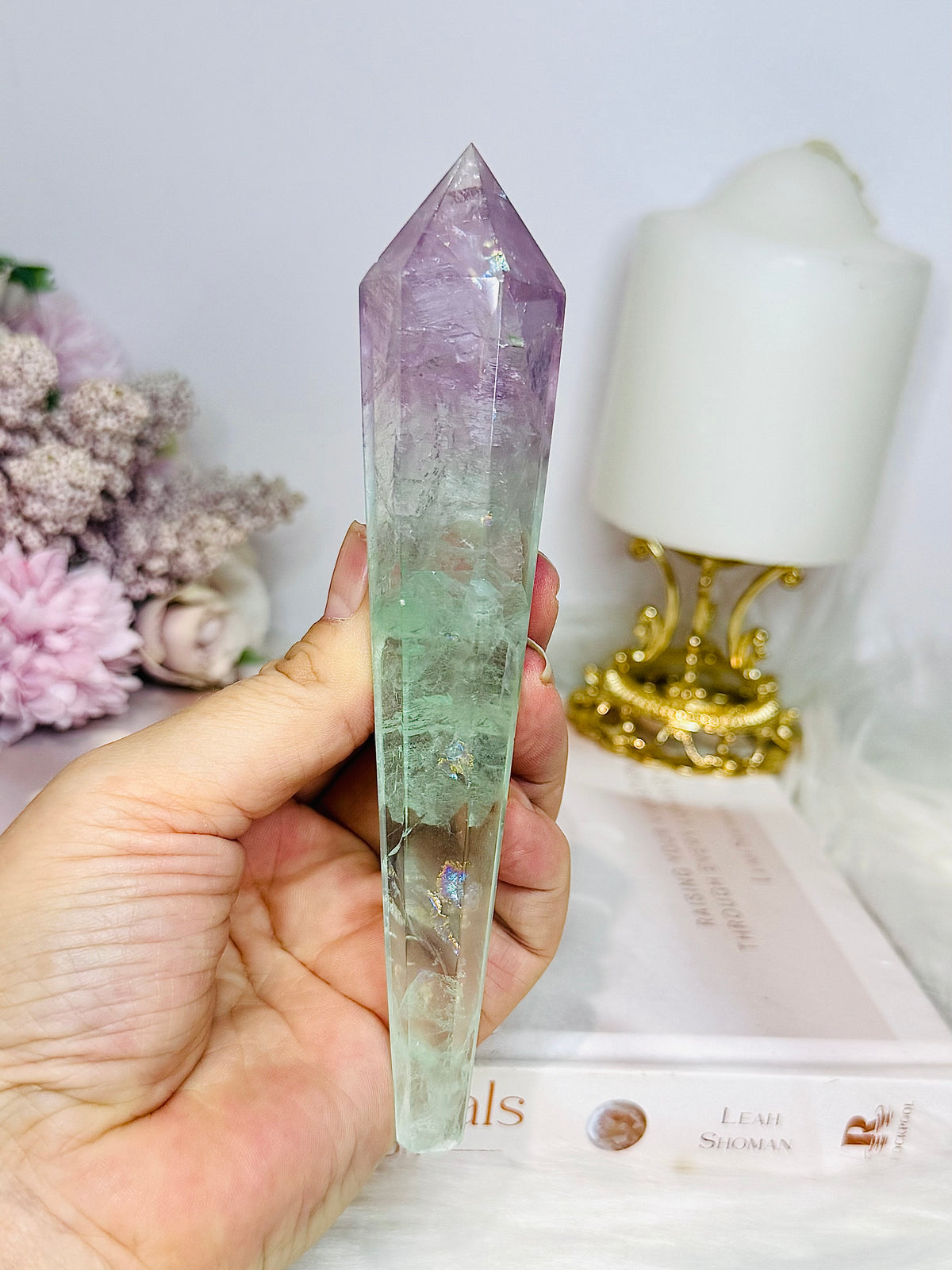 Watermelon Fluorite Wand | Tower with Rainbows on Stand 20cm