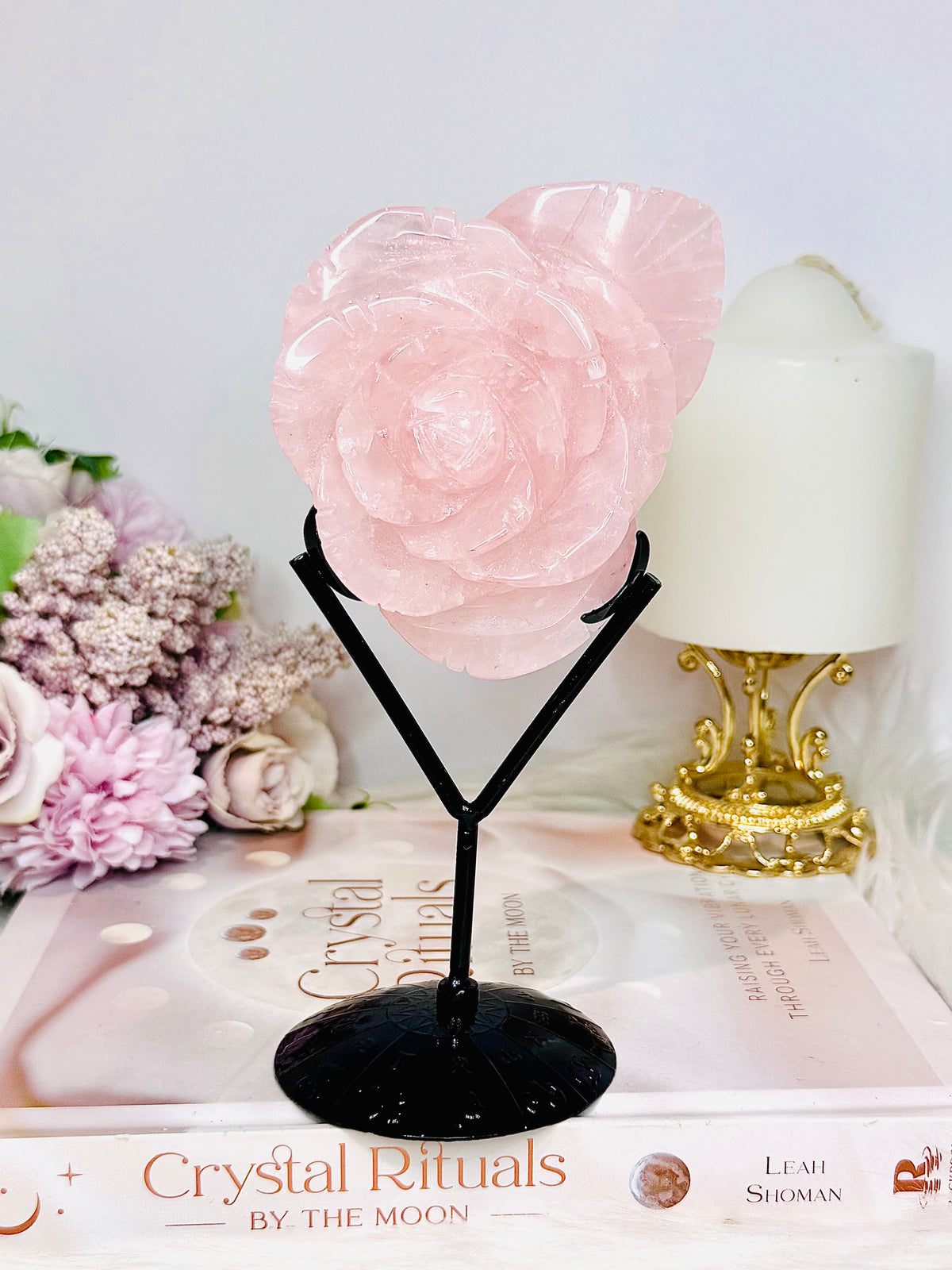 Rose Quartz Rose on Stand 316g
