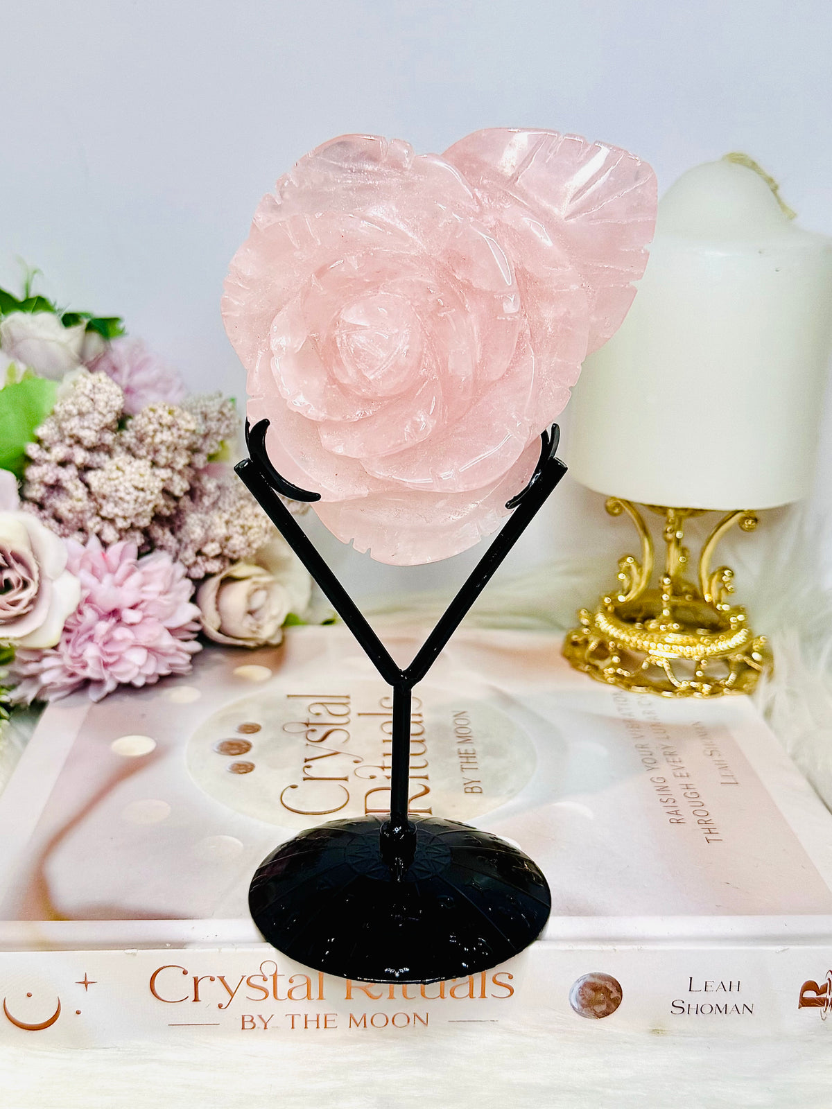 Rose Quartz Rose on Stand 316g