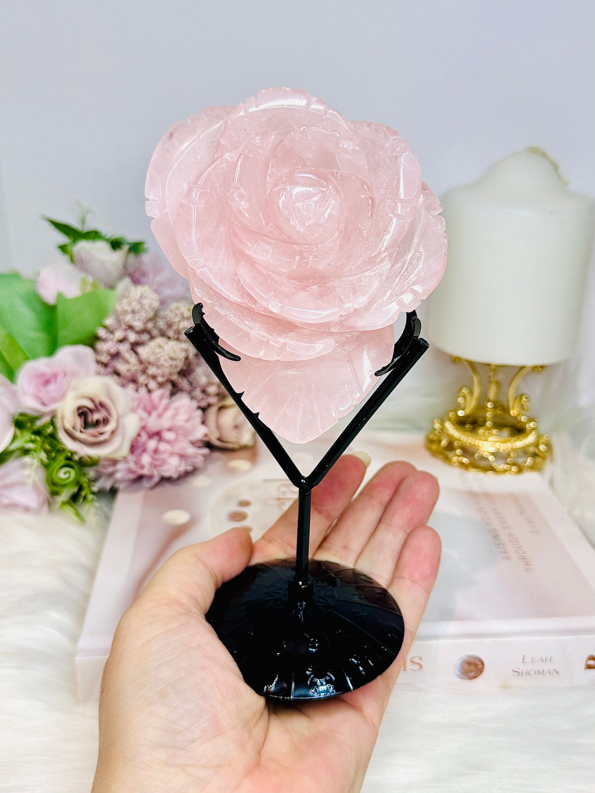 Rose Quartz Rose on Stand 316g