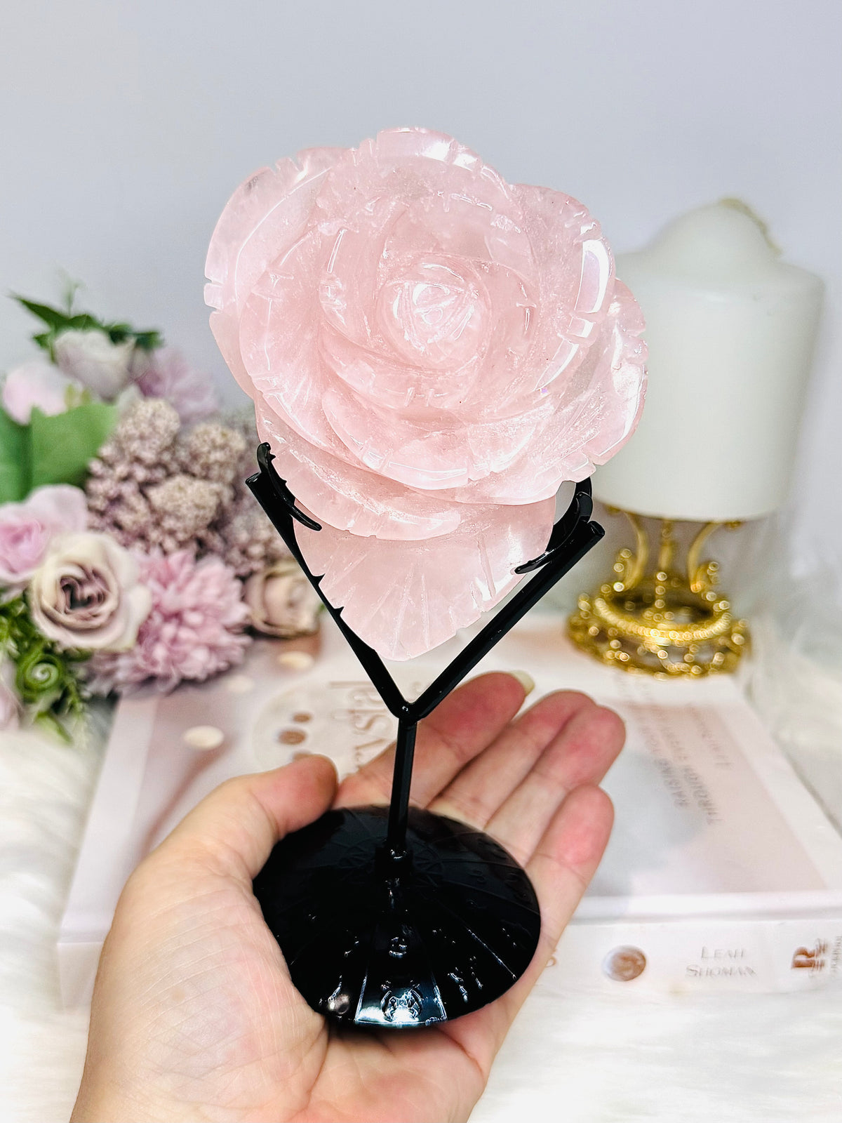 Rose Quartz Rose on Stand 316g
