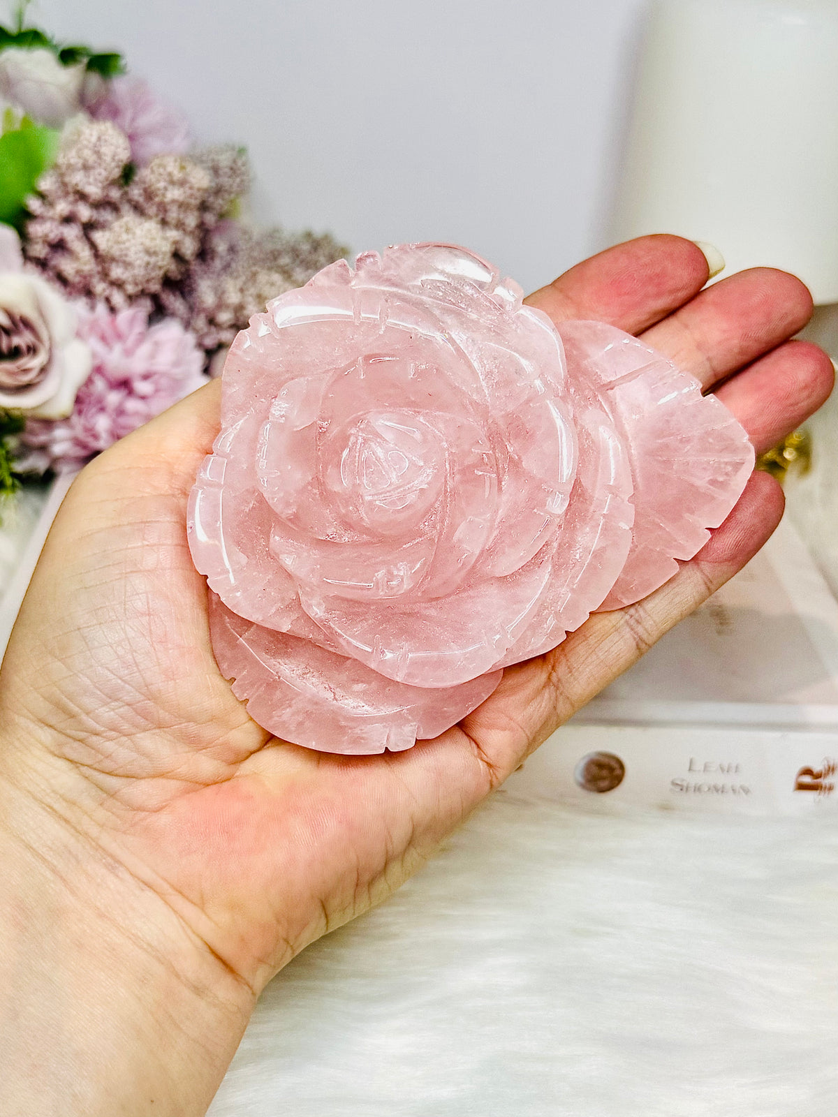 Rose Quartz Rose on Stand 316g
