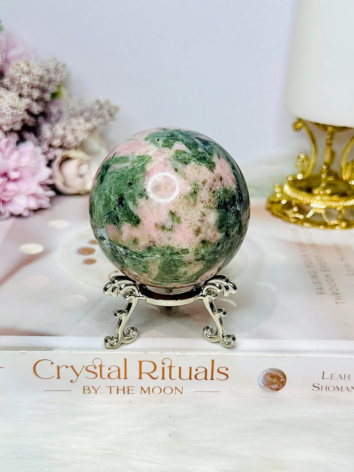 Pink Opal X Green Tourmaline Sphere on Stand 378g