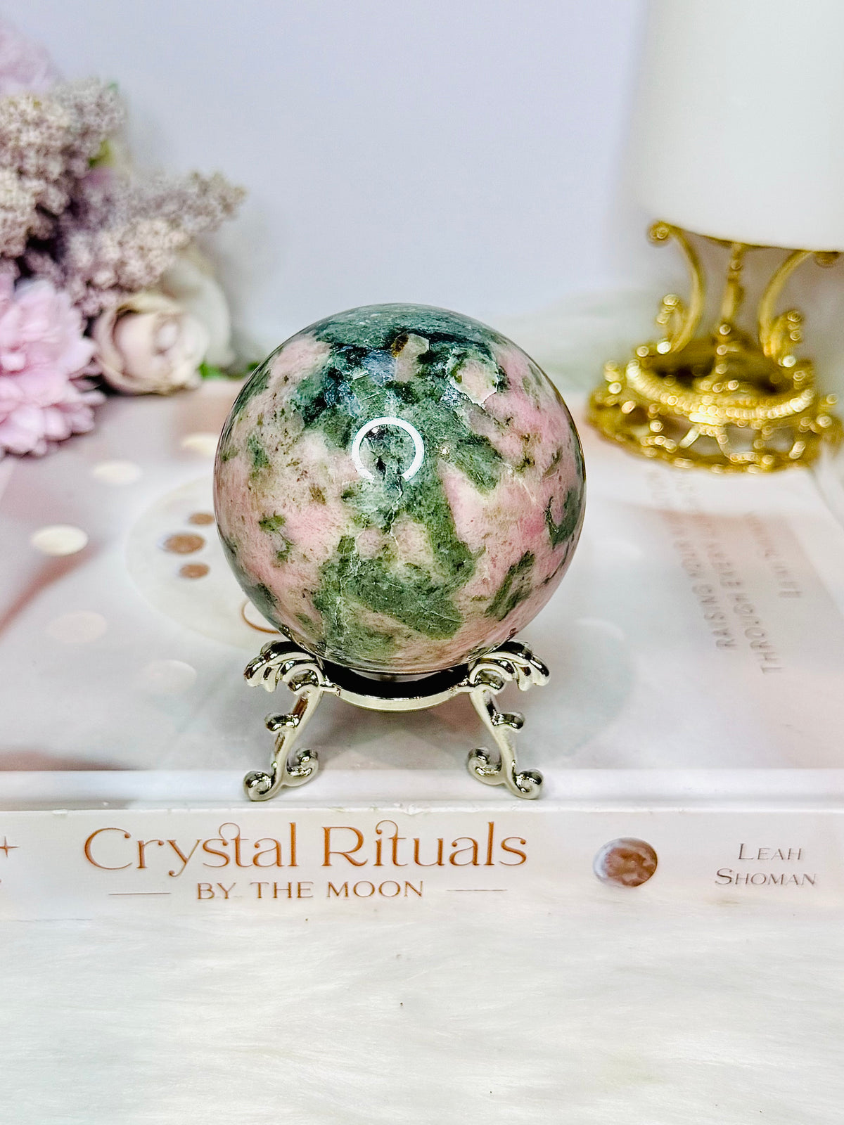 Pink Opal X Green Tourmaline Sphere on Stand 378g