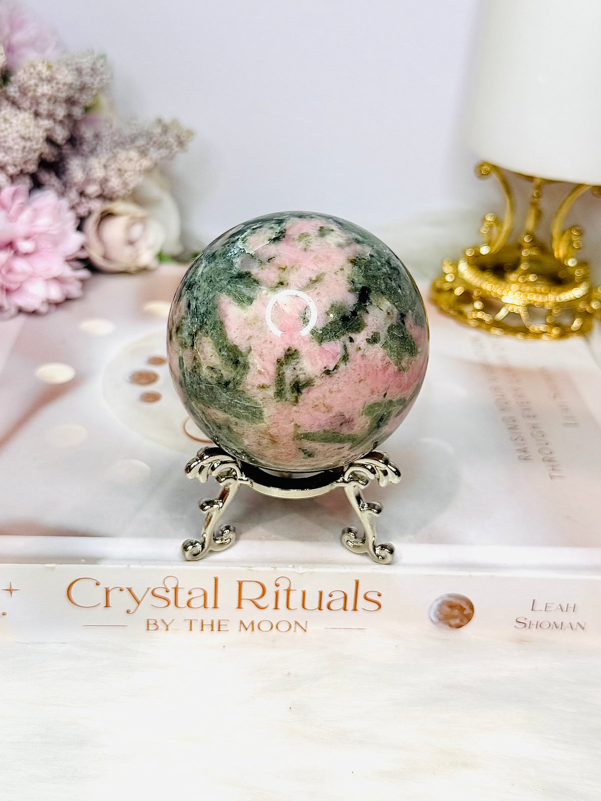 Pink Opal X Green Tourmaline Sphere on Stand 378g