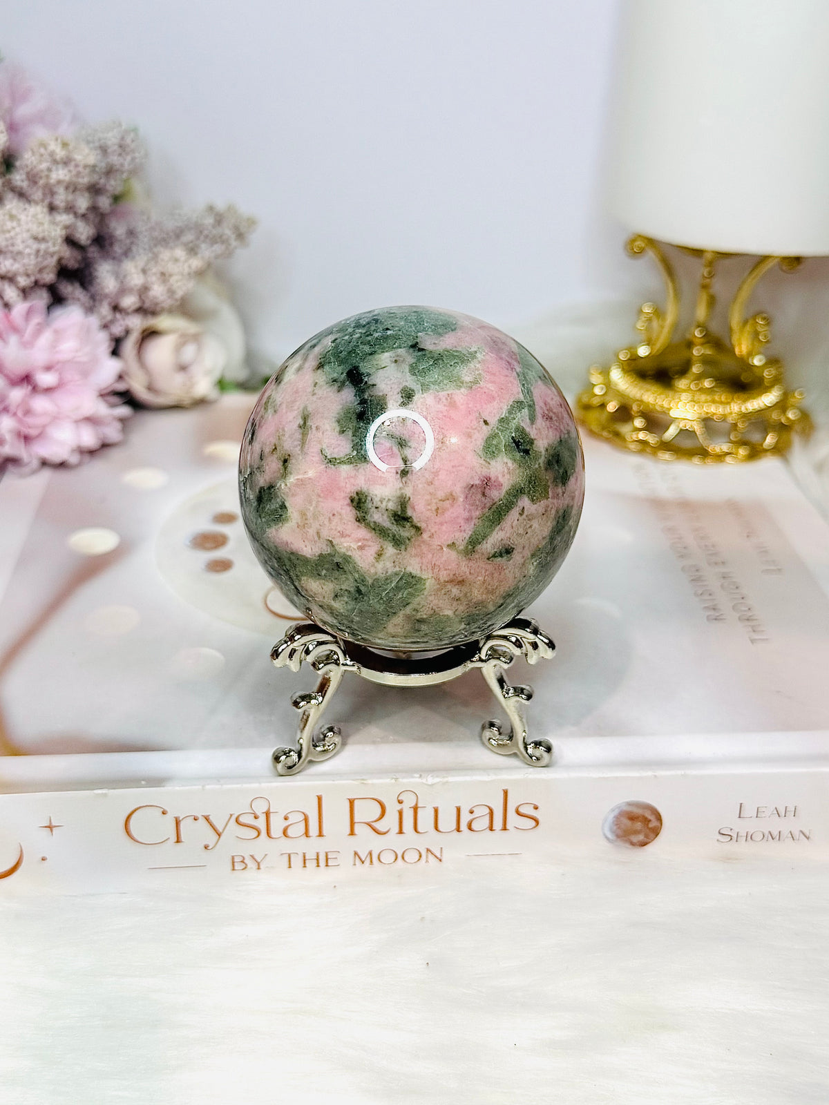 Pink Opal X Green Tourmaline Sphere on Stand 378g