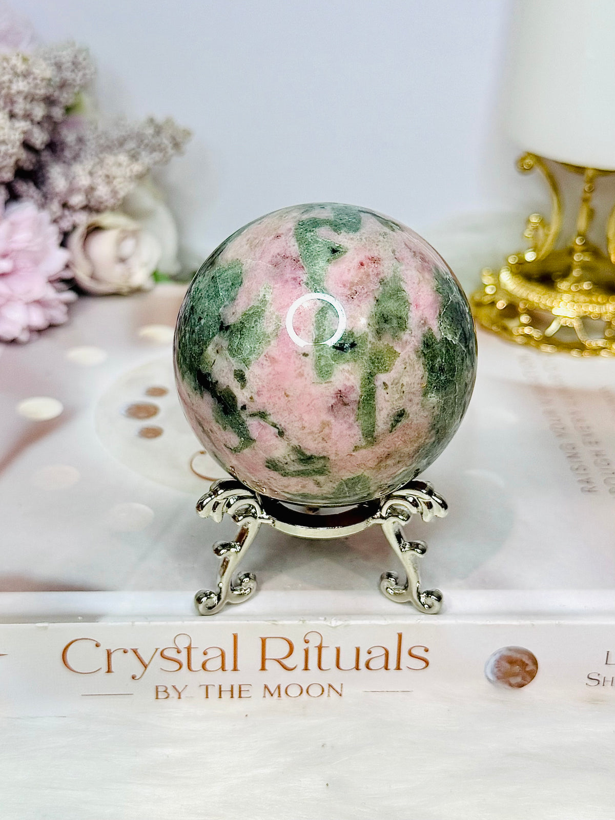 Pink Opal X Green Tourmaline Sphere on Stand 378g