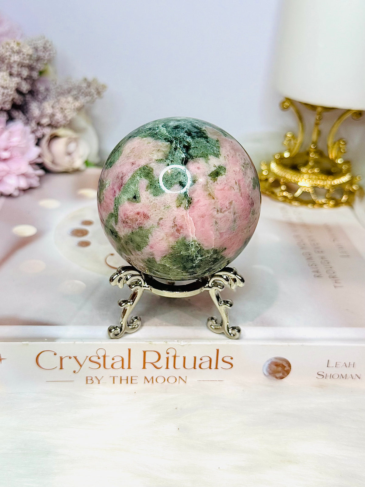 Pink Opal X Green Tourmaline Sphere on Stand 378g