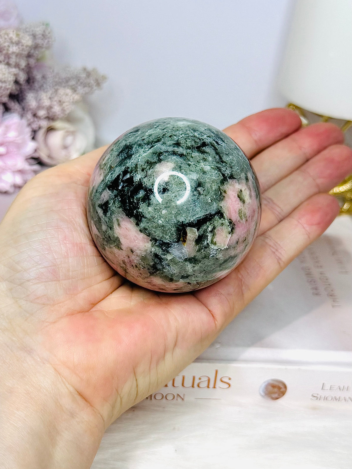 Pink Opal X Green Tourmaline Sphere on Stand 378g