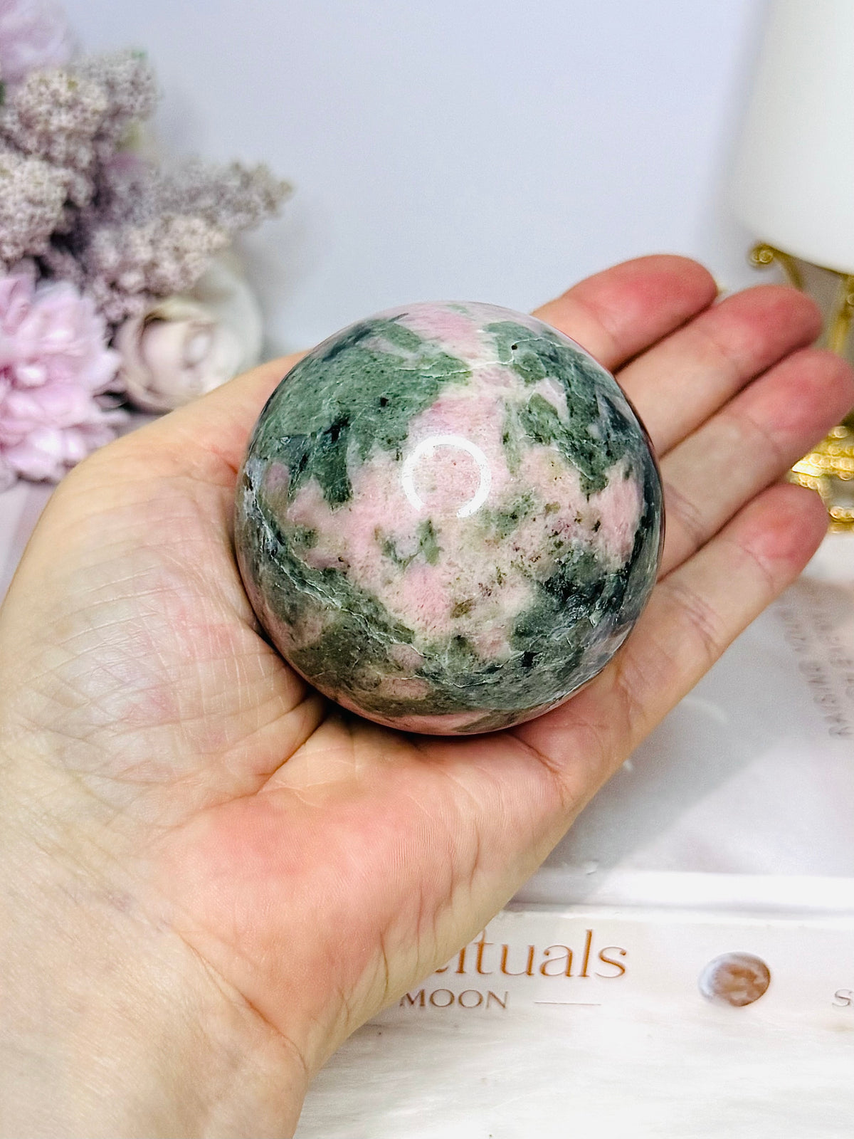 Pink Opal X Green Tourmaline Sphere on Stand 378g