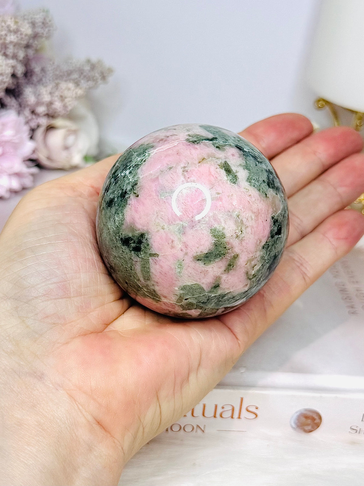 Pink Opal X Green Tourmaline Sphere on Stand 378g