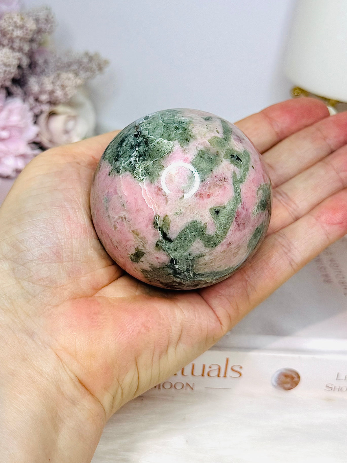 Pink Opal X Green Tourmaline Sphere on Stand 378g