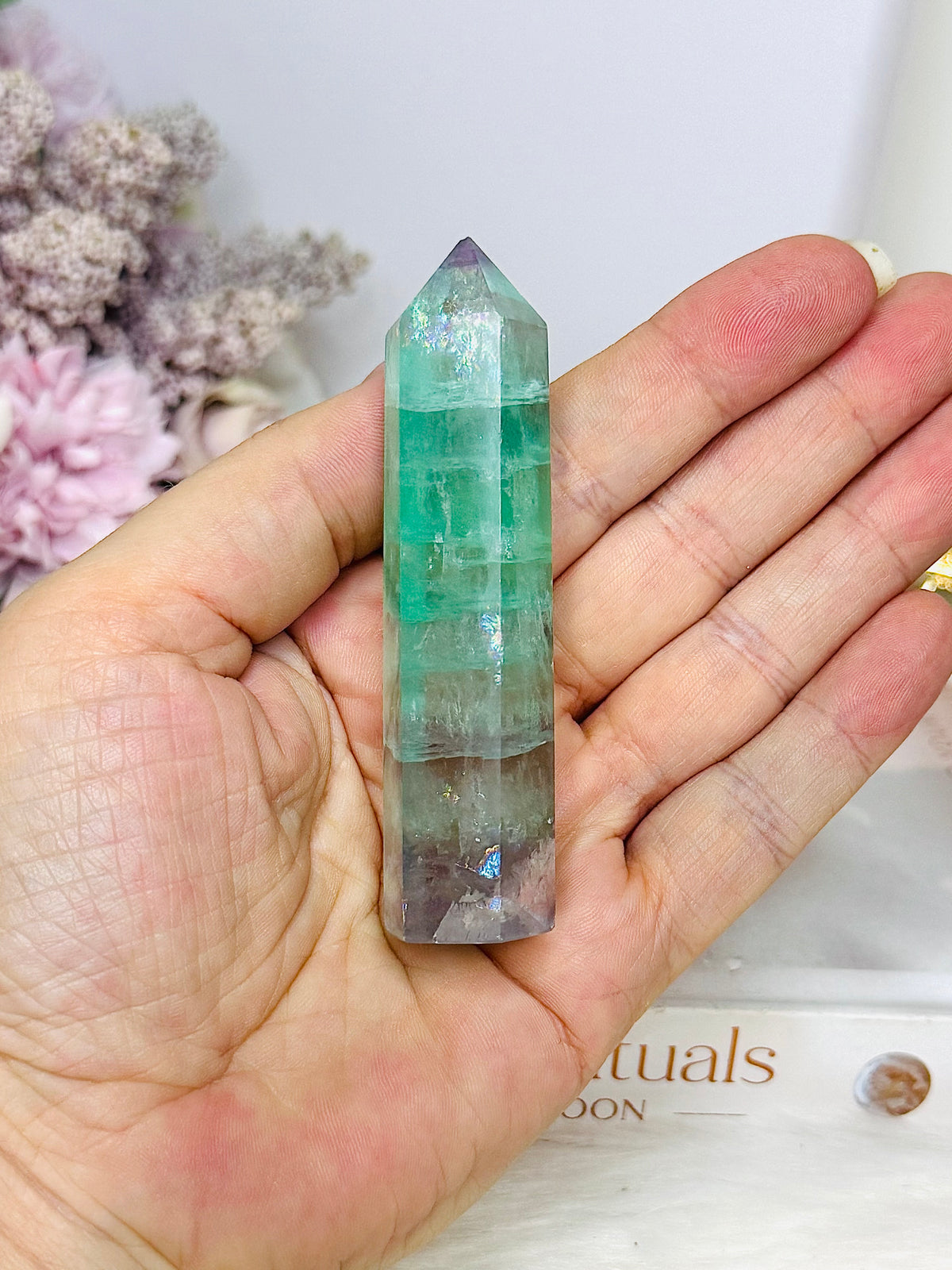 High Grade Watermelon Fluorite Tower with Rainbows 8.5cm