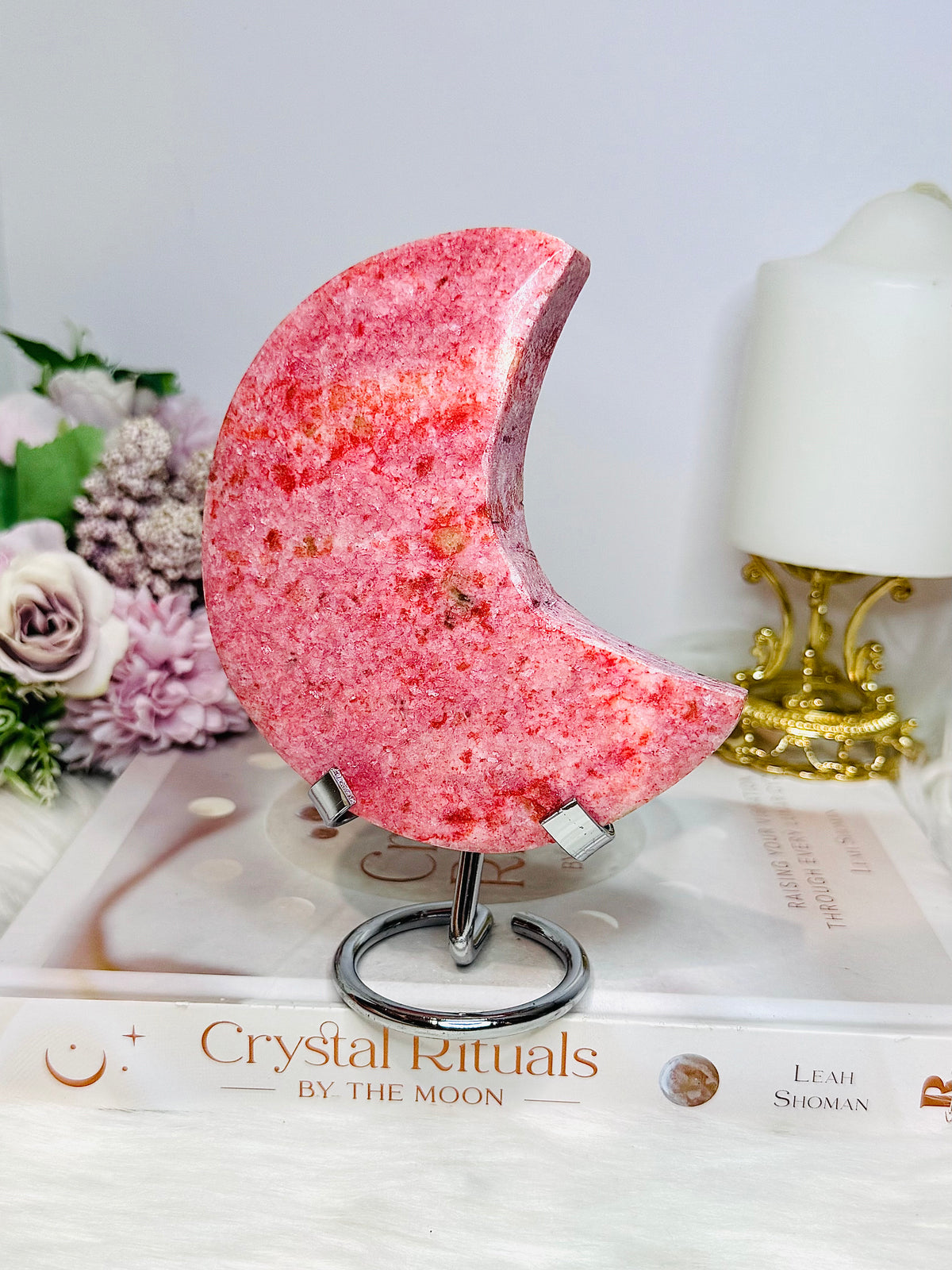 Large Rare Thulite with Epidote Carved Moon on Stand 434g