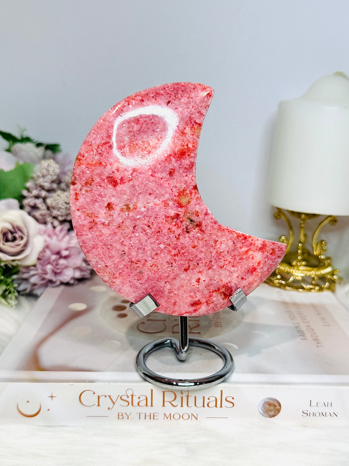 Large Rare Thulite with Epidote Carved Moon on Stand 434g