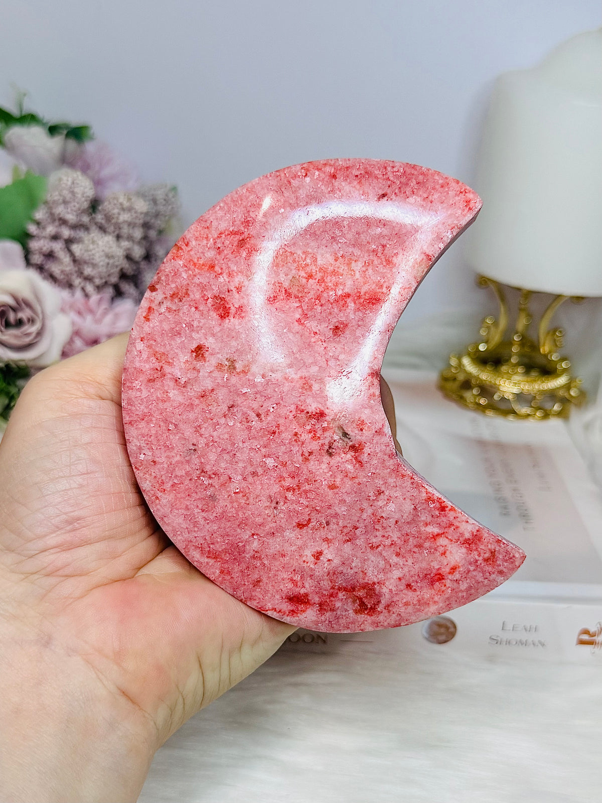 Large Rare Thulite with Epidote Carved Moon on Stand 434g