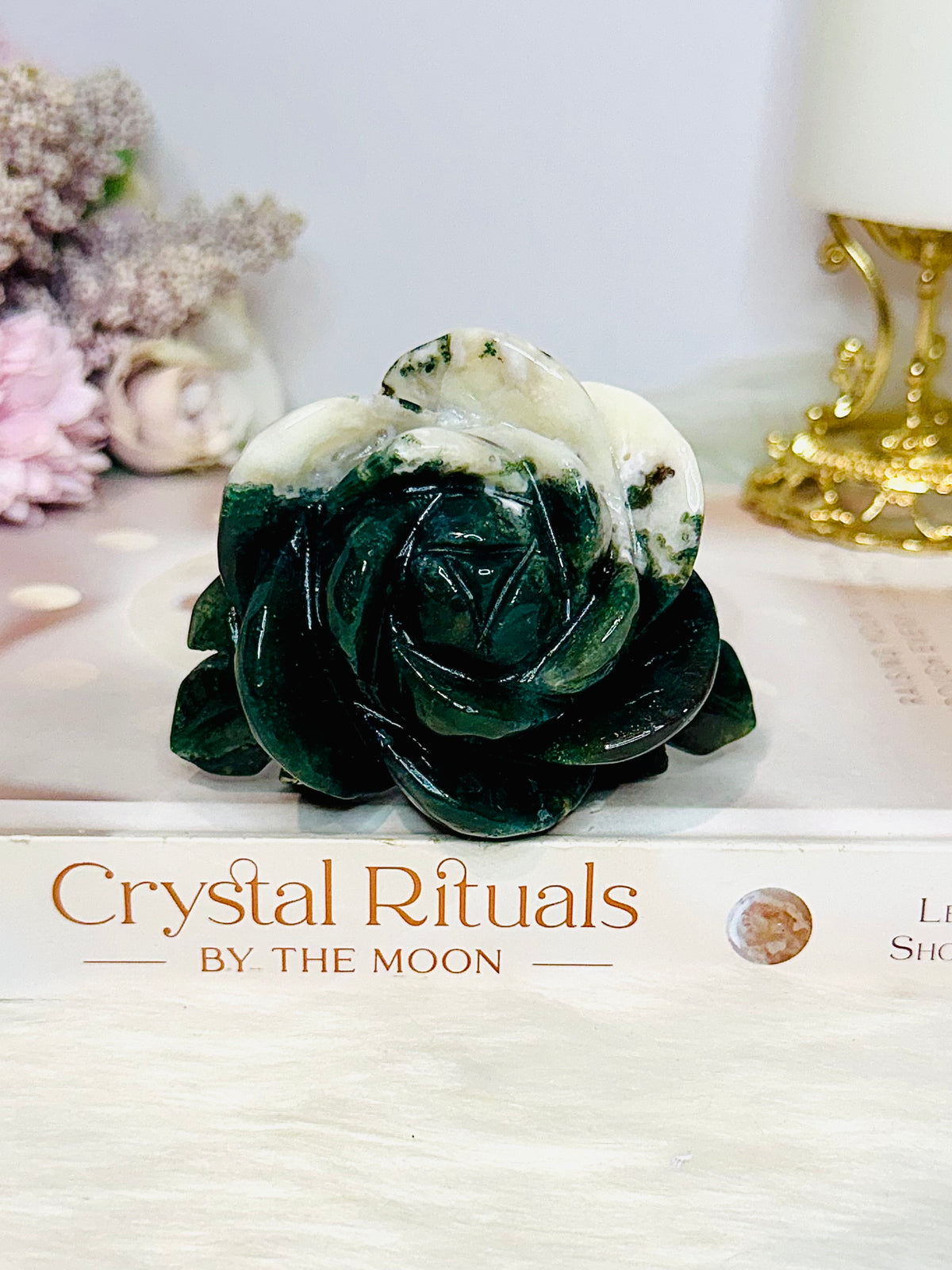 Moss Agate Carved Rose | Flower 8cm 213g
