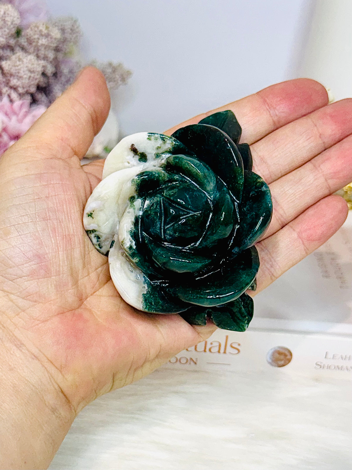 Moss Agate Carved Rose | Flower 8cm 213g