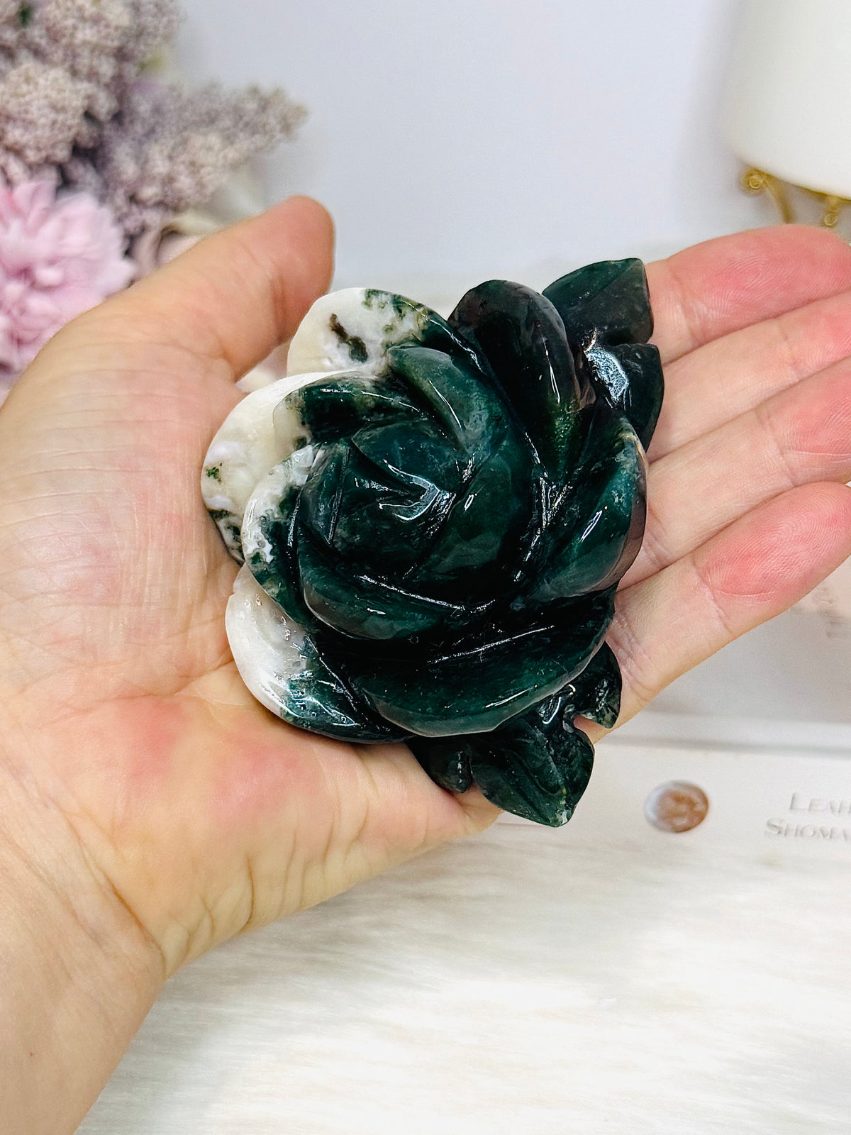 Moss Agate Carved Rose | Flower 8cm 213g