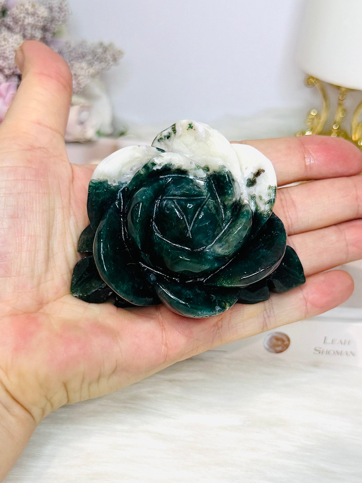 Moss Agate Carved Rose | Flower 8cm 213g