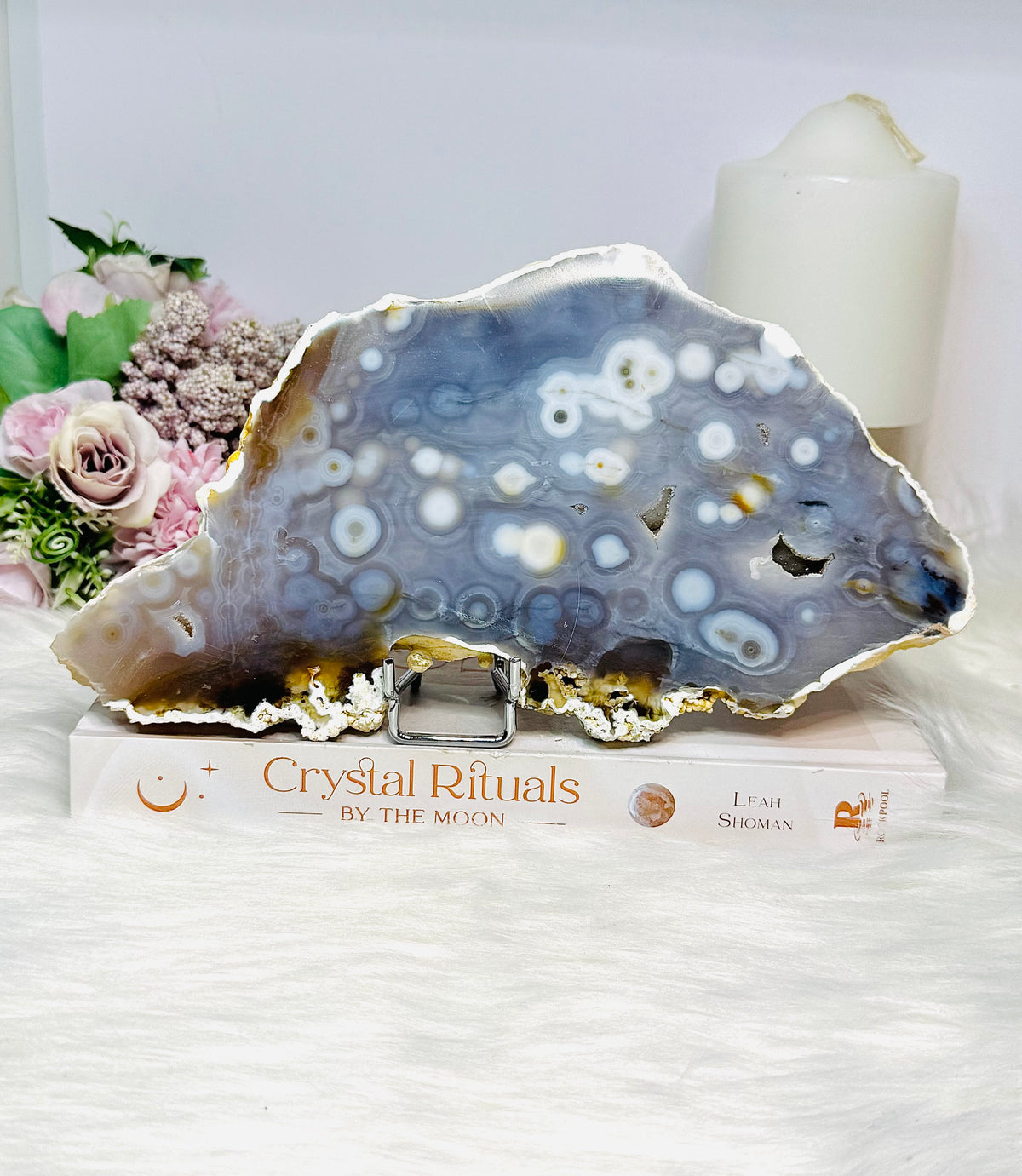 Large Chunky Orbicular Druzy Jasper Slab On Stand 652g 22cm