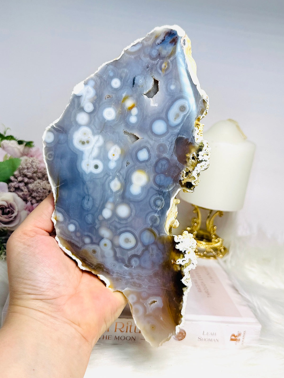Large Chunky Orbicular Druzy Jasper Slab On Stand 652g 22cm