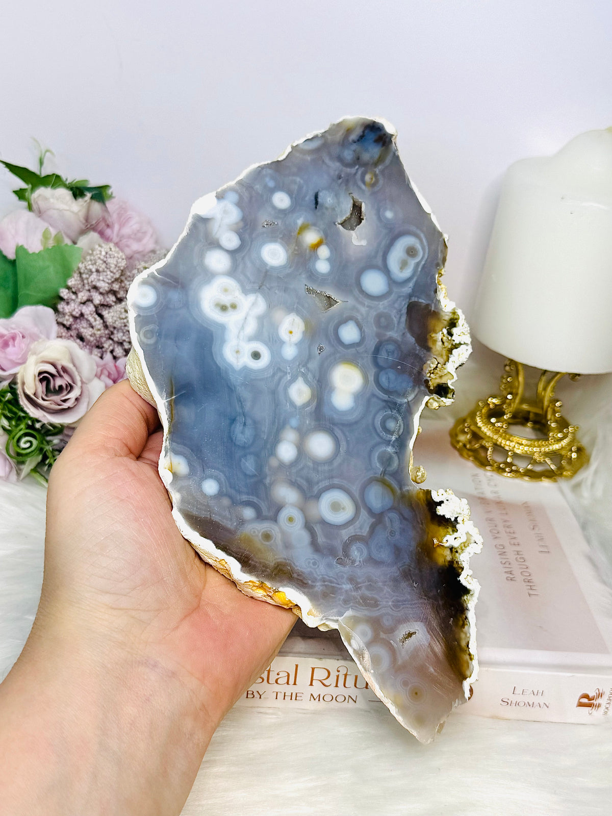 Large Chunky Orbicular Druzy Jasper Slab On Stand 652g 22cm