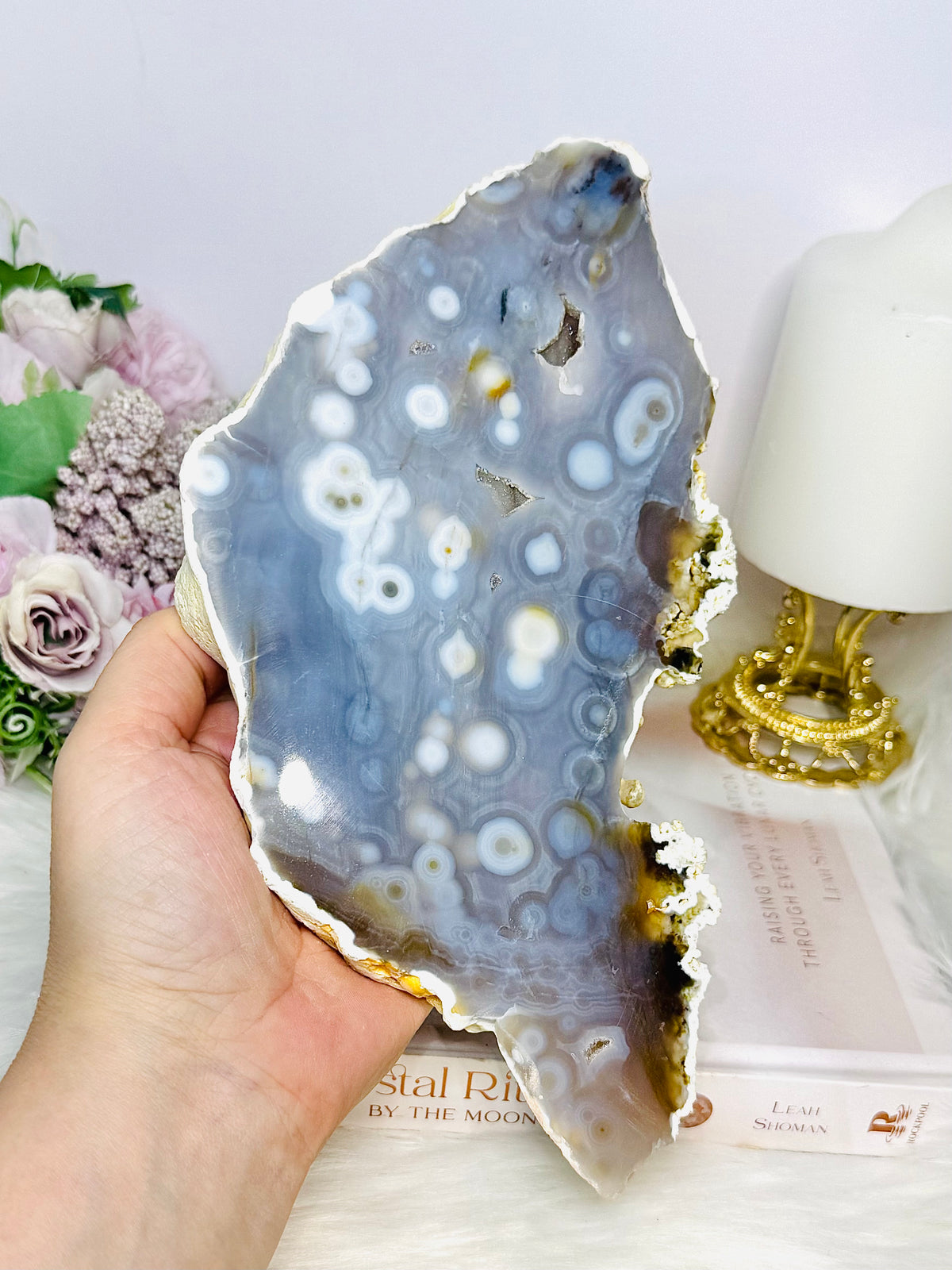 Large Chunky Orbicular Druzy Jasper Slab On Stand 652g 22cm