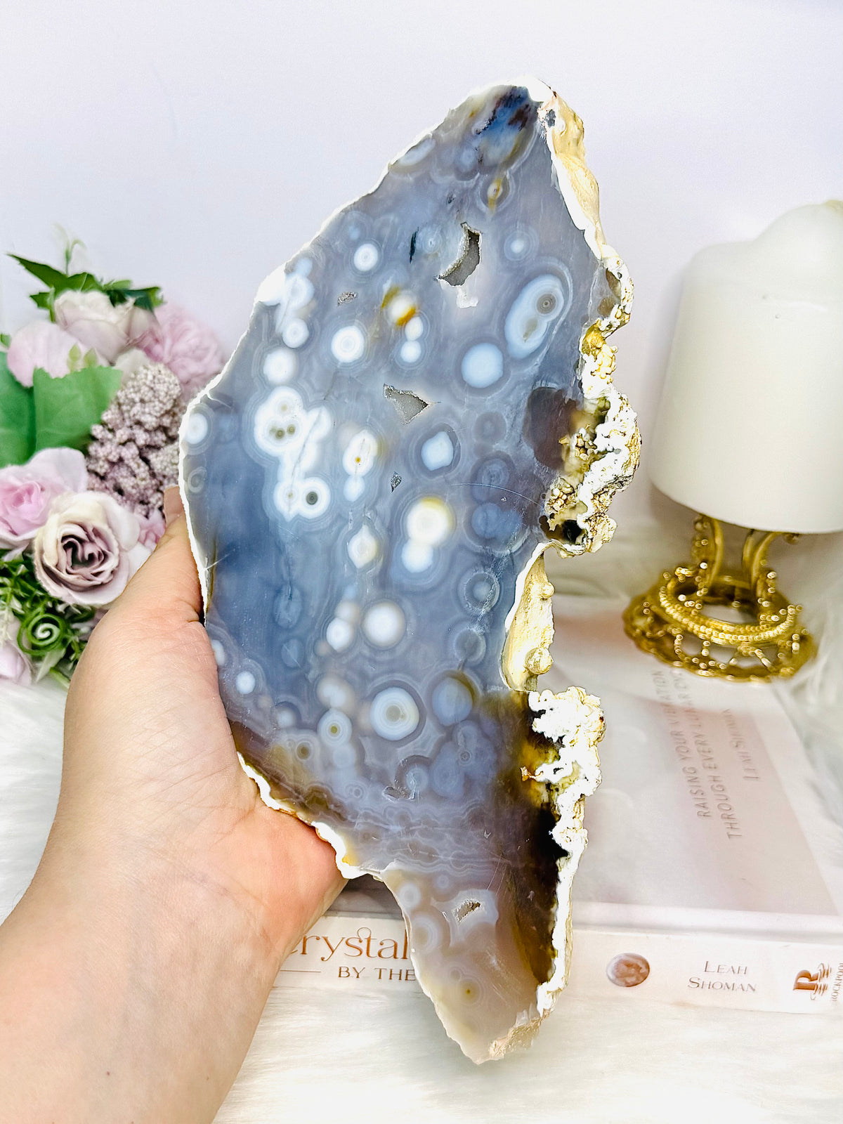 Large Chunky Orbicular Druzy Jasper Slab On Stand 652g 22cm