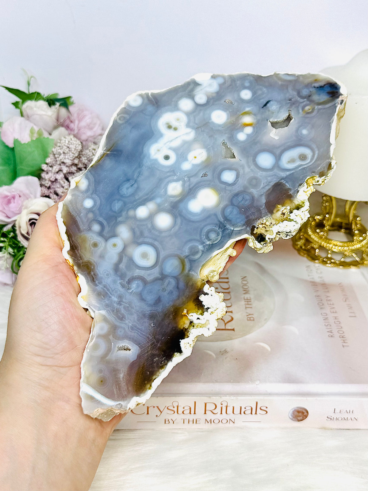 Large Chunky Orbicular Druzy Jasper Slab On Stand 652g 22cm