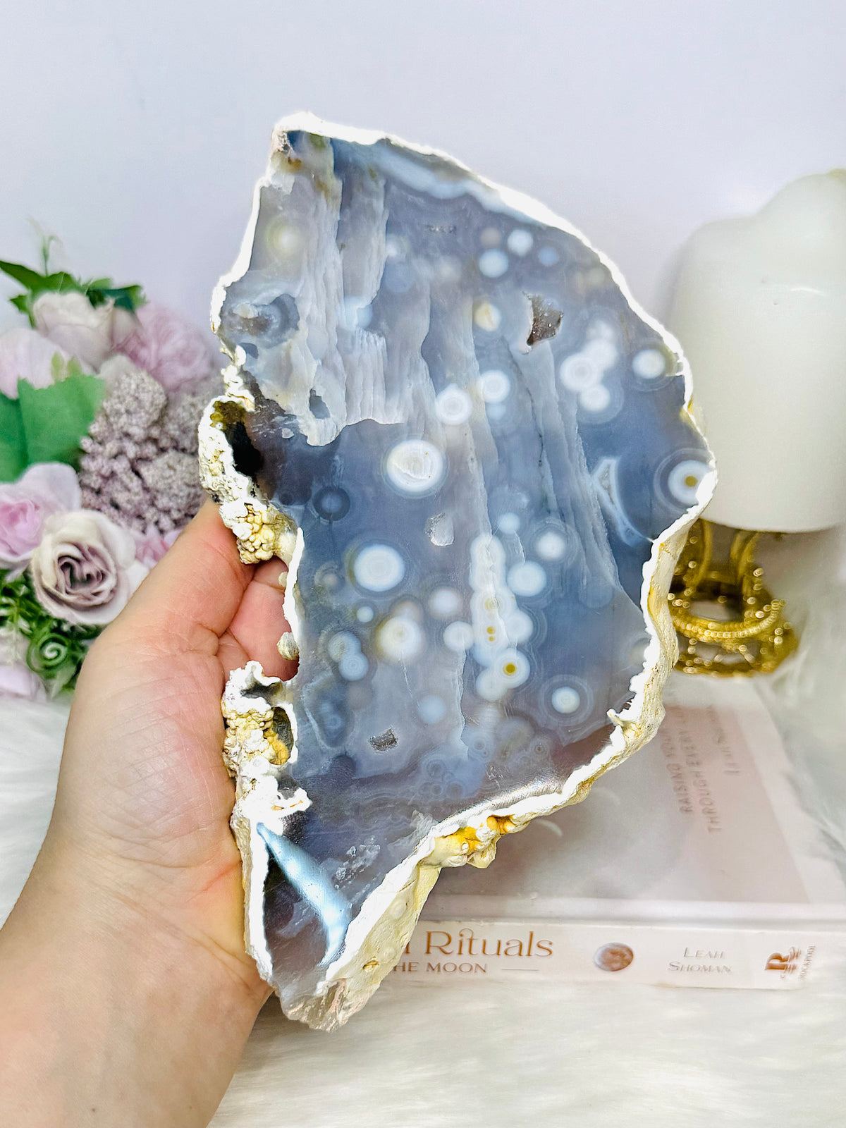 Large Chunky Orbicular Druzy Jasper Slab On Stand 652g 22cm