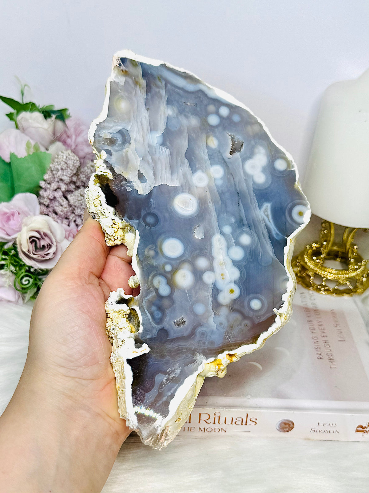 Large Chunky Orbicular Druzy Jasper Slab On Stand 652g 22cm