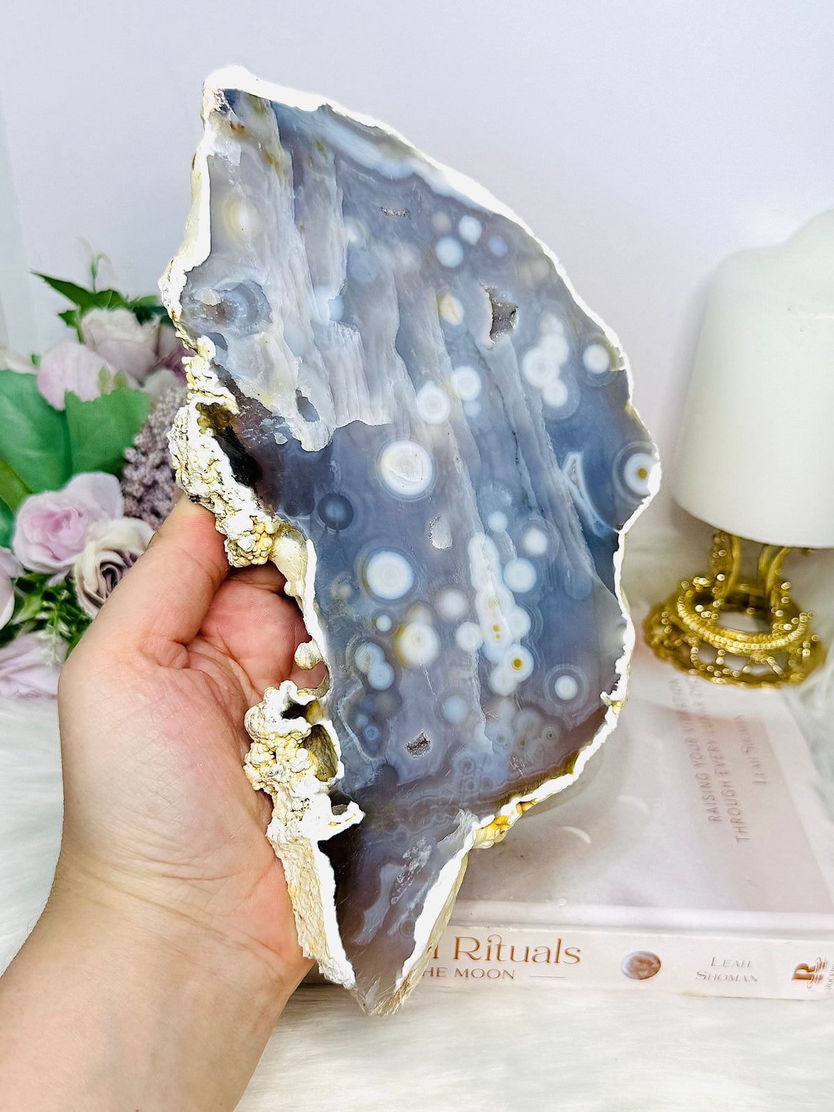 Large Chunky Orbicular Druzy Jasper Slab On Stand 652g 22cm