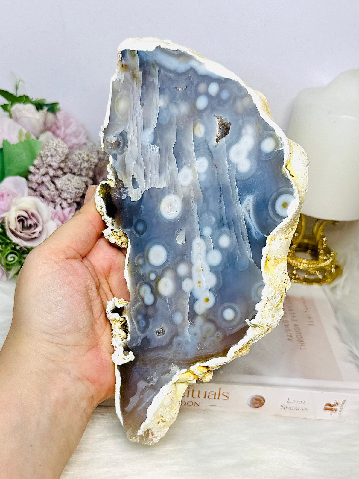 Large Chunky Orbicular Druzy Jasper Slab On Stand 652g 22cm