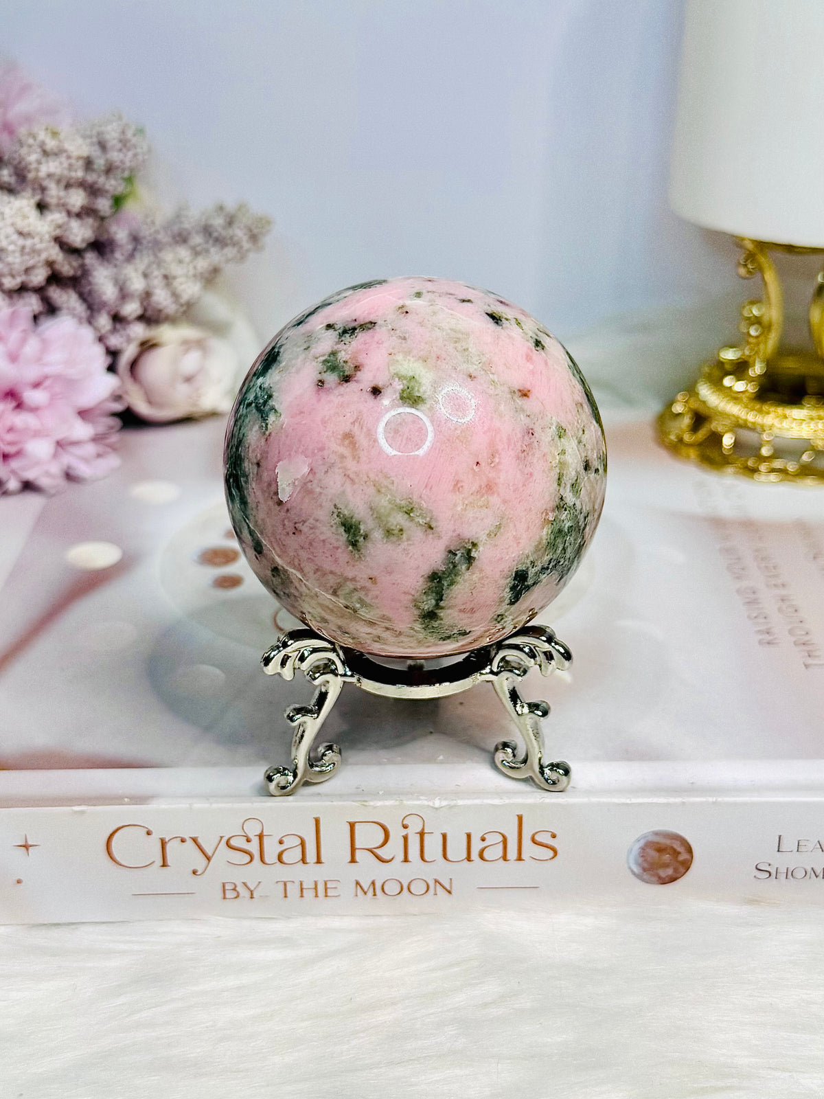 Pink Opal X Green Tourmaline Sphere on Stand 386g