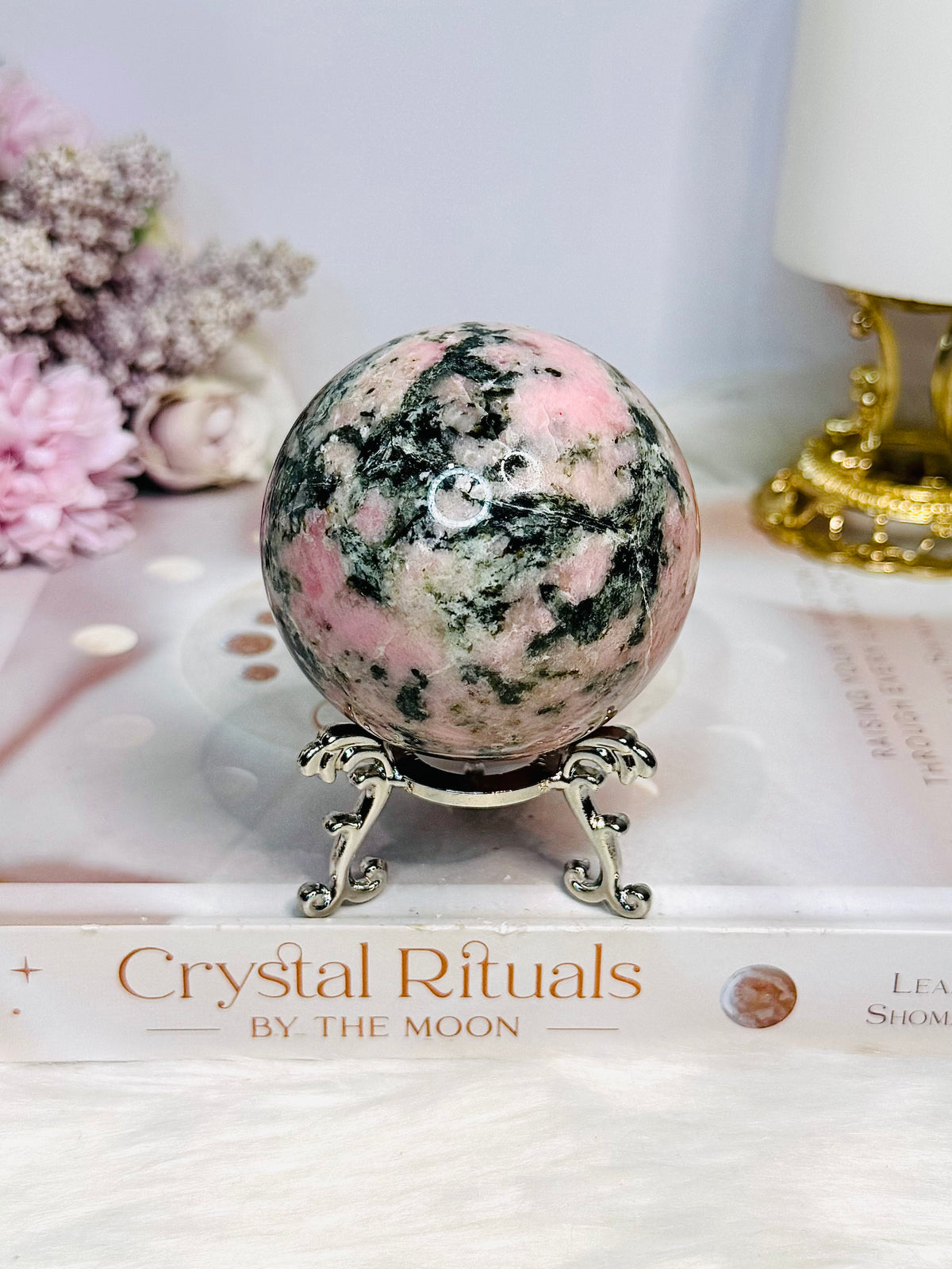 Pink Opal X Green Tourmaline Sphere on Stand 386g