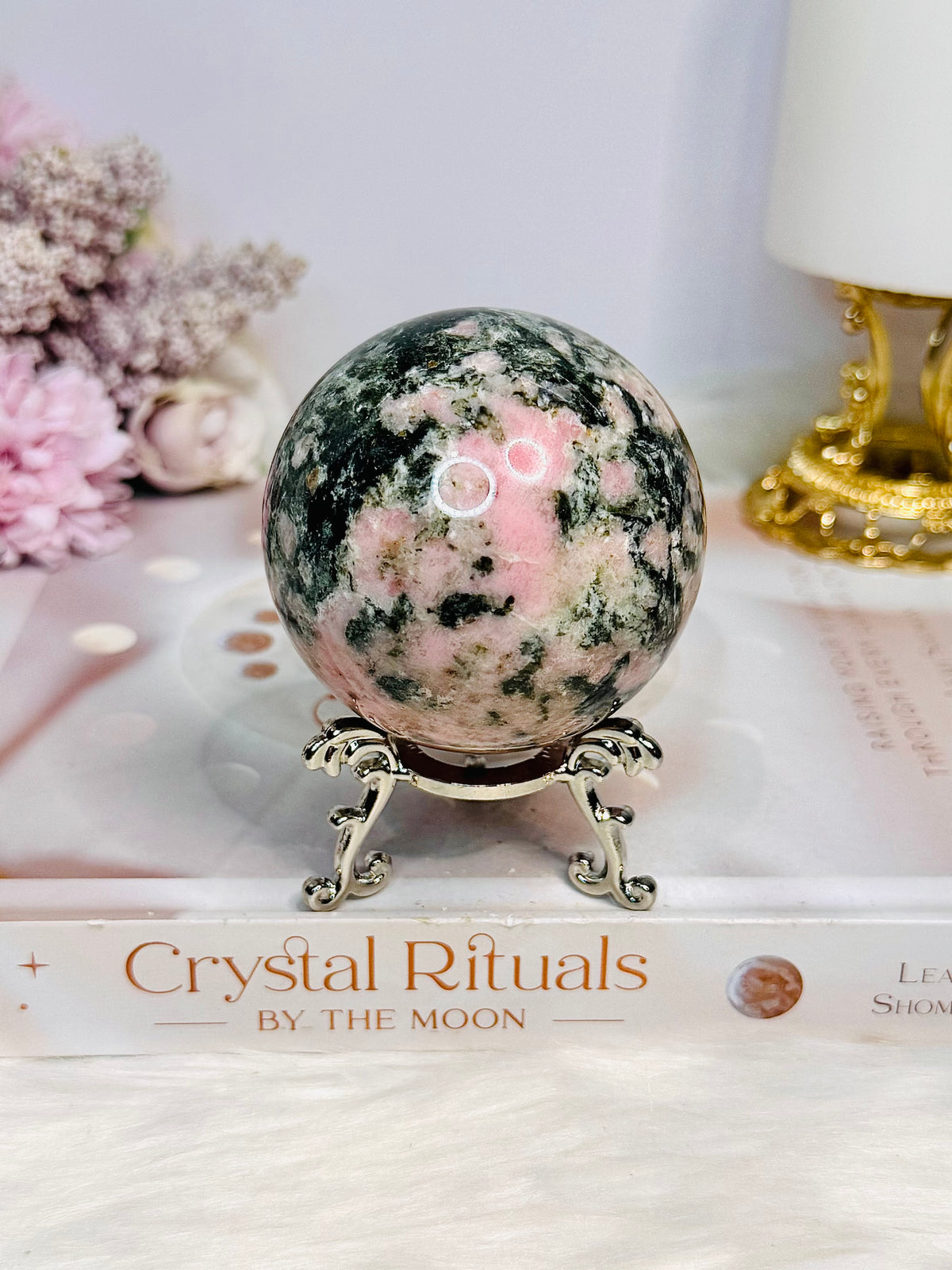 Pink Opal X Green Tourmaline Sphere on Stand 386g