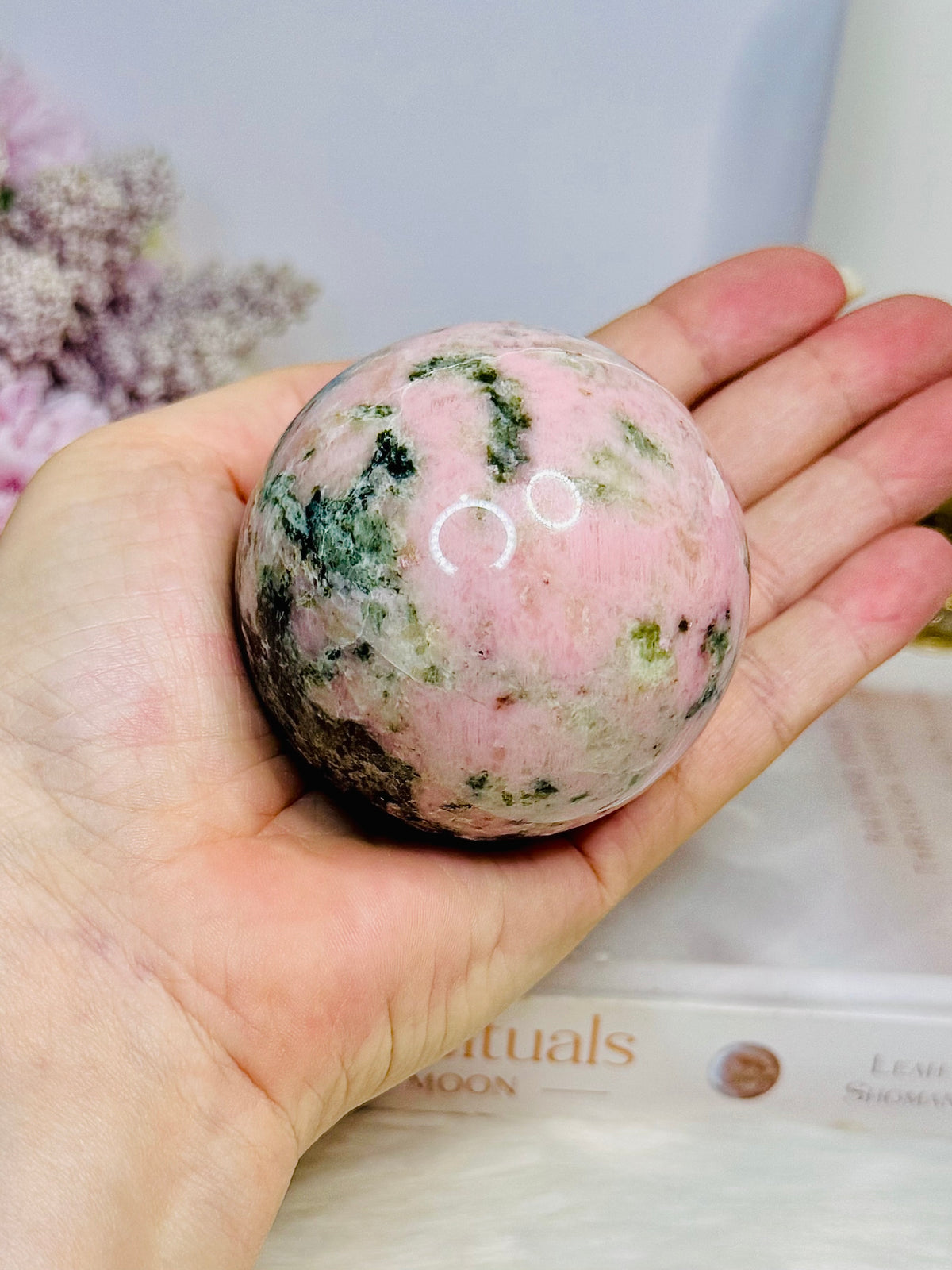 Pink Opal X Green Tourmaline Sphere on Stand 386g