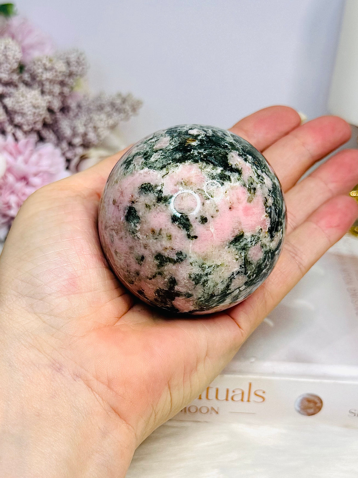 Pink Opal X Green Tourmaline Sphere on Stand 386g