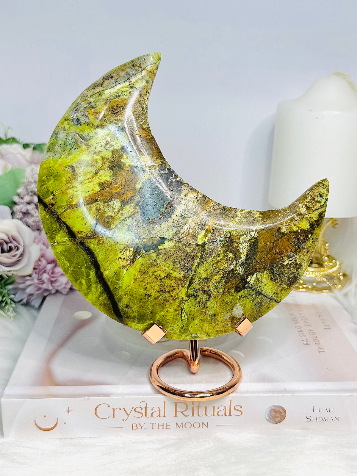 Green Opal Large Moon On Stand 15cm