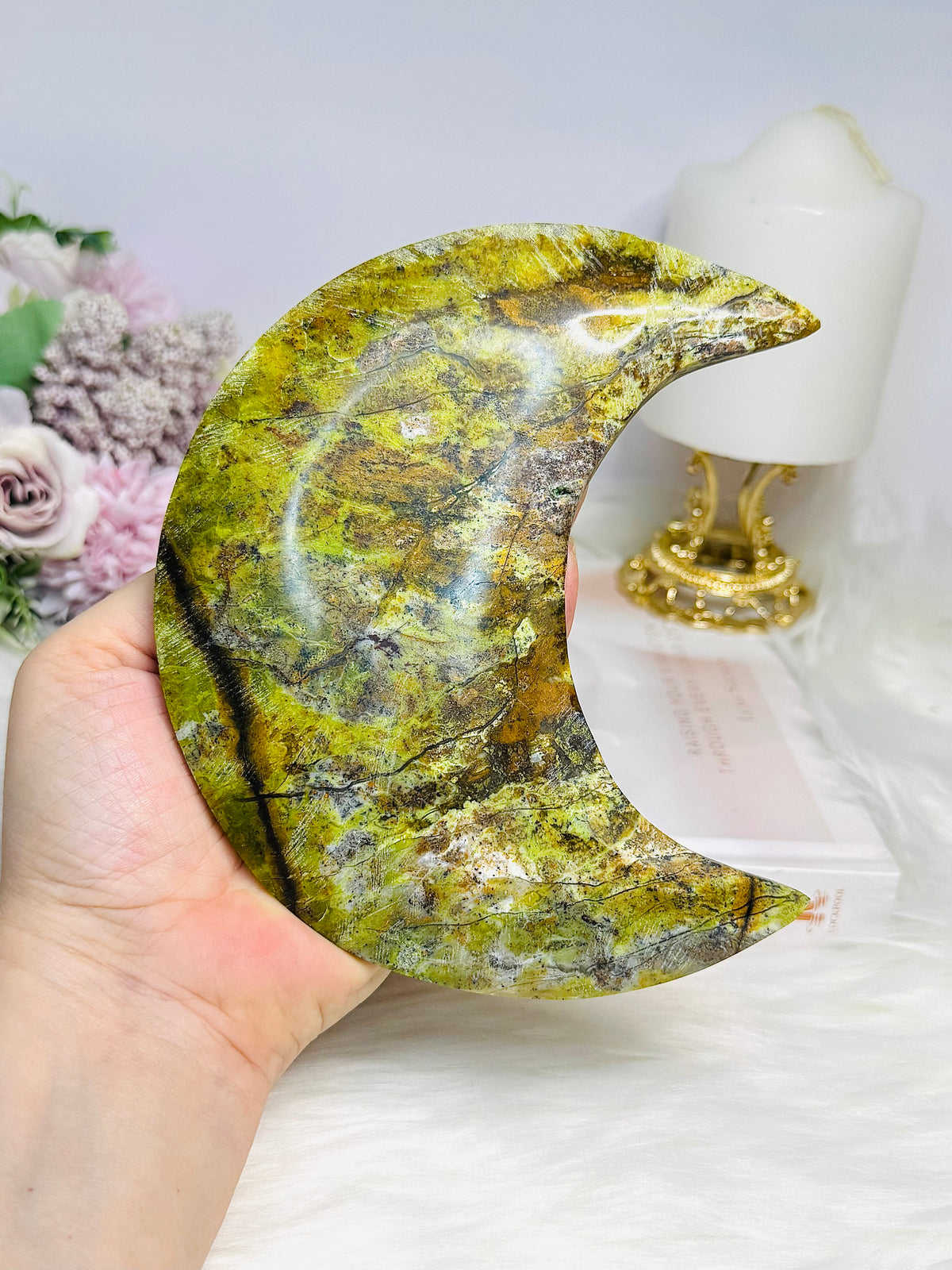 Green Opal Large Moon On Stand 15cm
