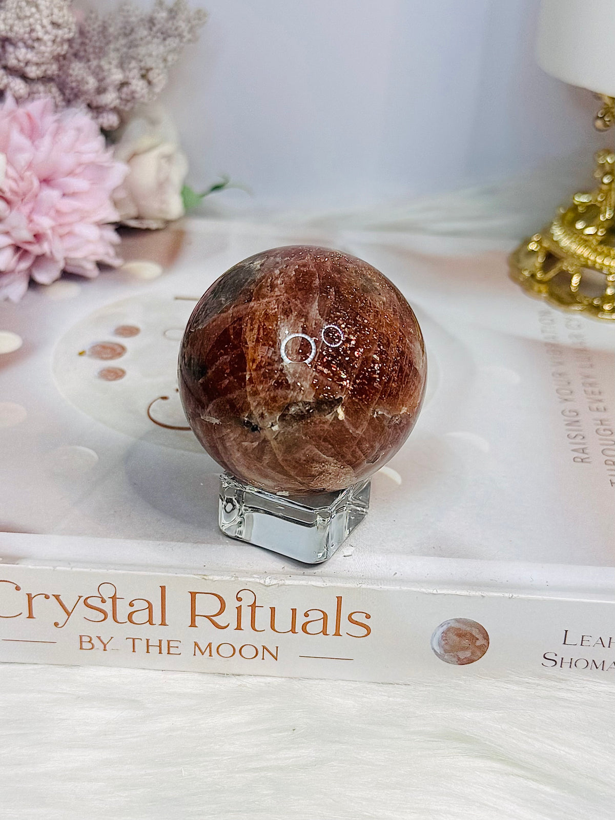 High Grade Sparkling Gold Sunstone X Moonstone Sphere on Stand 152g