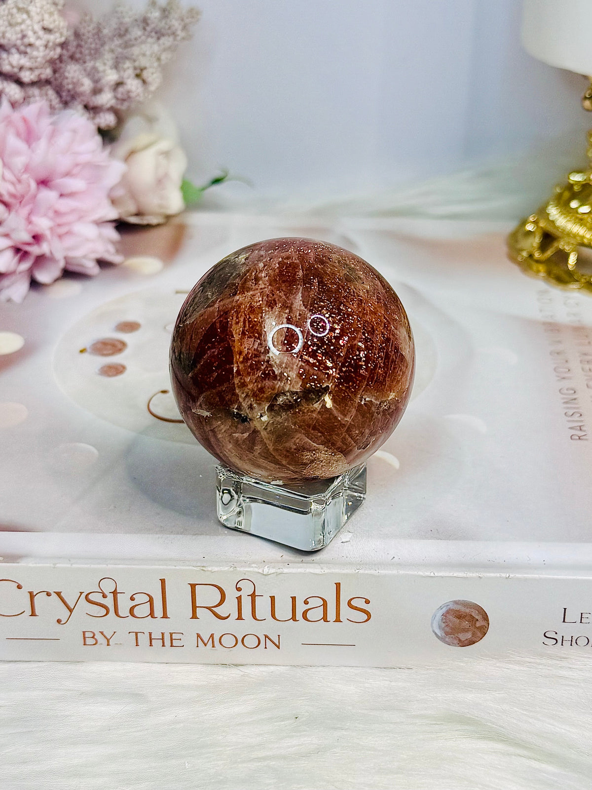 High Grade Sparkling Gold Sunstone X Moonstone Sphere on Stand 152g